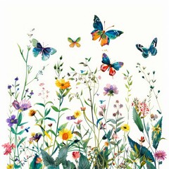 Abstract beautiful boho botanical illustration of wildflowers and leaves, adorned with vibrant, colorful butterflies on a white background