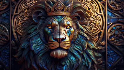 Full view of a black lion head, with thick long black hair. He wears a large golden crown.carved from wood