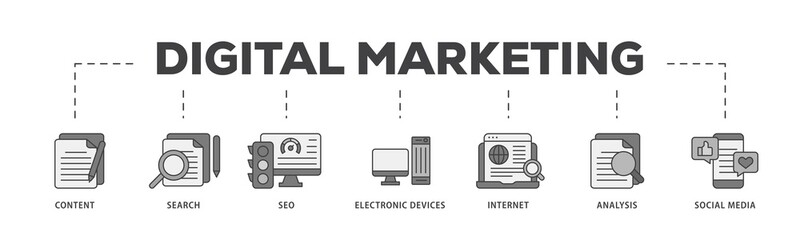 Digital marketing icon infographic illustration concept with icon of content, search, seo, electronic devices, internet, analysis and social media icon png and easy to edit 