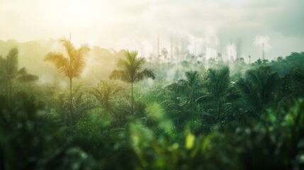 Fototapeta premium Lush tropical rainforest with sun rays filtering through palm trees, creating a serene and peaceful natural landscape at dawn.