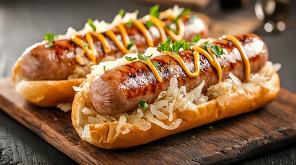 27 Juicy bratwurst sausages on a bun with sauerkraut, dripping with mustard, hearty and satisfying