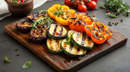 30 Juicy grilled vegetable platter with zucchini, bell peppers, and eggplant, drizzled with olive oil
