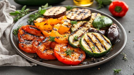 30 Juicy grilled vegetable platter with zucchini, bell peppers, and eggplant, drizzled with olive oil