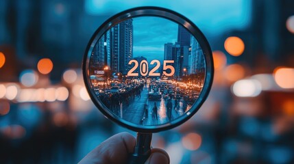 Magnifying glass zooming in on "2025" trends, signifying a sharp focus on business and marketing shifts in the new year.