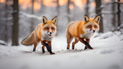 Obraz premium A playful fox darting through the snow in a winter forest.