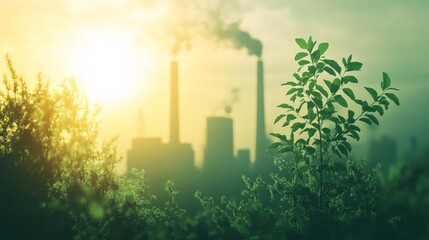 Obraz premium Industrial pollution near green nature, illustrating the contrast between environmental sustainability and factory emissions at sunset.
