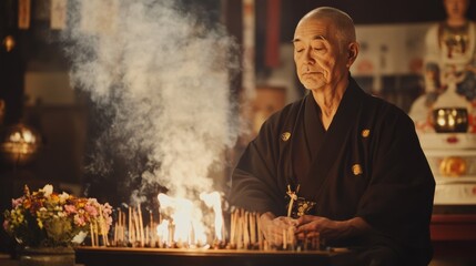 Obon Celebration. Buddhist Man Praying at Altar with Incense and Candlelight