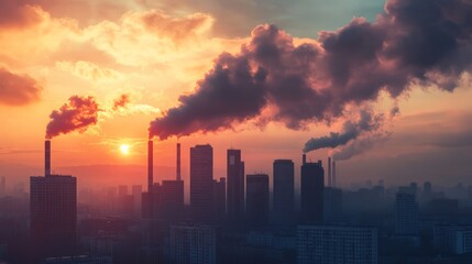 Fototapeta premium Industrial landscape with several factories emitting smoke against a dramatic sunset, highlighting environmental pollution and urban development.