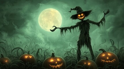 Fototapeta premium Spooky Scarecrow with Pumpkin in a Foggy Cornfield Under the Full Moon