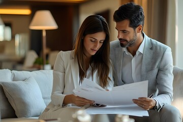 Business Partnership: A sophisticated couple, dressed in smart casual attire, review documents together in an elegant hotel lobby. Their focused expressions and shared interest suggest a collaborative