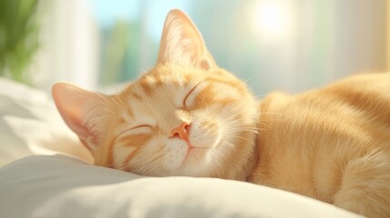 Sleeping Ginger Cat on White Pillow in Sunlight