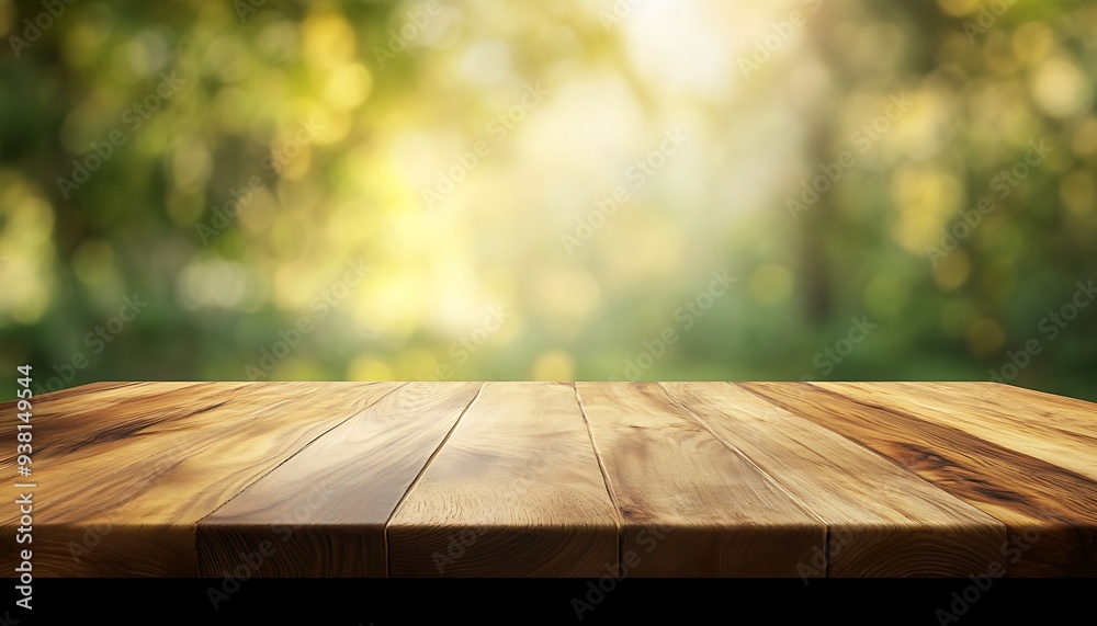Poster smooth oak wood tabletop with soft yellow and green background in daylight