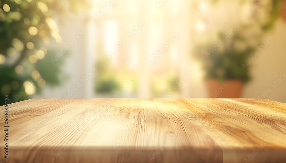 Poster smooth oak wood tabletop with soft yellow and green background in daylight