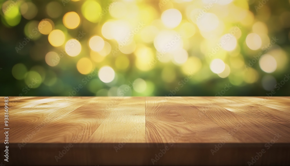 Aufkleber smooth oak wood tabletop with soft yellow and green background in daylight