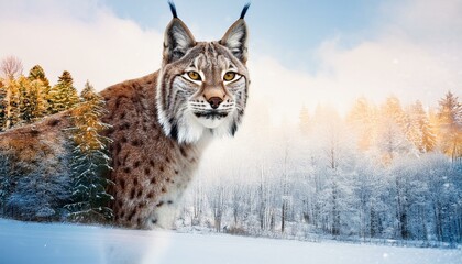 Fototapeta premium Captivating Double Exposure of Lynx in Snowy Winter Forest Landscape
