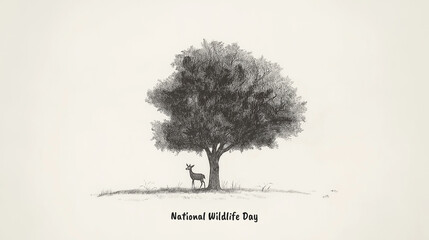 National Wildlife Day stylized tree and deer, black and white illustration, conservation awareness, minimalistic nature art, environmental poster design
