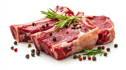 Three raw beef steaks with rosemary and peppercorns isolated on white background.