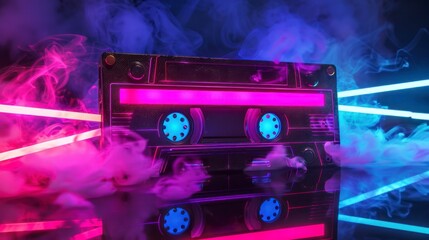 Fototapeta premium Retro neon cassette tape surrounded by colorful smoke and vibrant lights on a dark background.