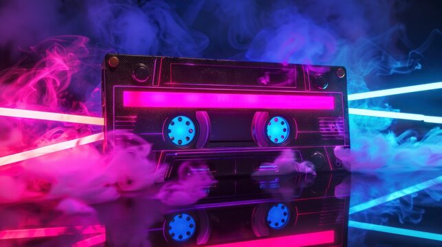 Retro neon cassette tape surrounded by colorful smoke and vibrant lights on a dark background.