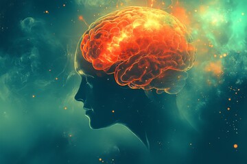 Profile of a Woman with a Glowing Brain Representing Cognitive Power Neural Activity and the Radiance of Thought in a Luminous Cosmic Setting