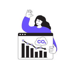 carbon emission reduction vector illustration with a girl, woman presenting data, CO2 report