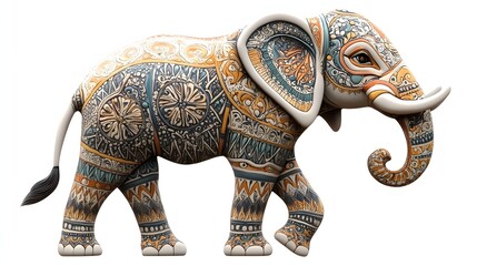 Fototapeta premium 8. **A 3D render of a ceramic tile art featuring a charming elephant with ornamental patterns and textures, isolated on a white background