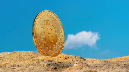 Giant coin emerging from the ground, symbolizing financial growth, 3D illustration