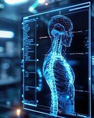 A detailed of a human skeleton with digital overlay, showcasing anatomy and advanced technology integration.