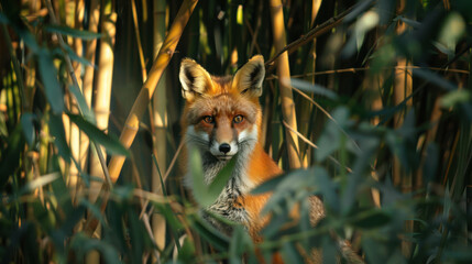 A red fox standing in a dense bamboo forest, with shafts of light breaking through the leaves