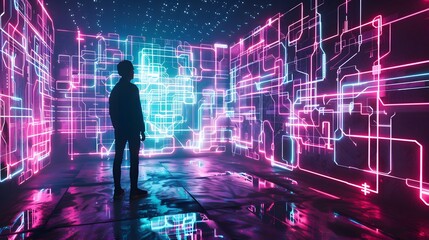 Hacker with neon code projections from natural gas forming a digital labyrinth