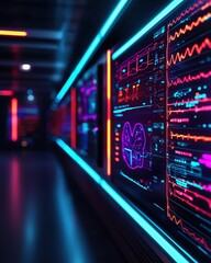 Fototapeta premium A modern data visualization room showcasing vibrant screens with intricate patterns and bright neon lights, perfect for tech themes.