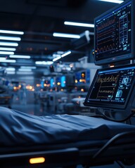 Naklejka premium A modern hospital room featuring advanced medical equipment and monitoring screens, ideal for healthcare and technology themes.