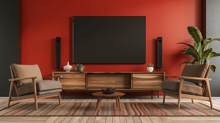 modern living room design , blank TV screen living room , wooden furniture living room , red wall living room