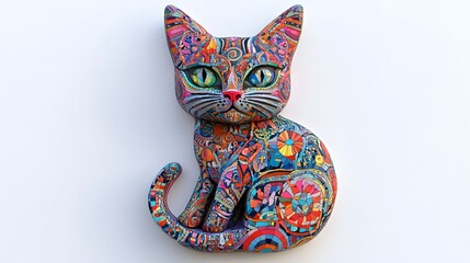13. **A detailed 3D render of a ceramic tile art featuring a curious cat with elaborate tilework and vibrant colors, isolated on a white background