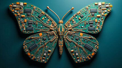 A vibrant butterfly design intricately formed using various circuit boards showcases a harmonious blend of nature and technology. The teal background enhances its bright colors