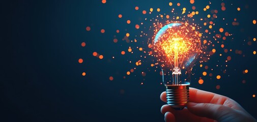 Naklejka premium A glowing light bulb surrounded by vibrant sparks, symbolizing innovation and inspiration in a dark background.