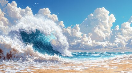 Obraz premium Powerful Ocean Wave Crashing on a Sandy Beach