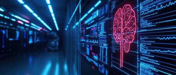 Obraz premium Futuristic data center featuring a glowing brain , symbolizing artificial intelligence and advanced technology.