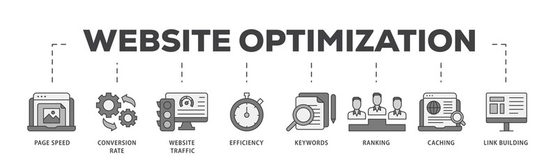 Website optimization icon infographic illustration concept with icon of page speed, conversion rate, website traffic, efficiency, keywords, ranking, caching  icon png and easy to edit  © AFD