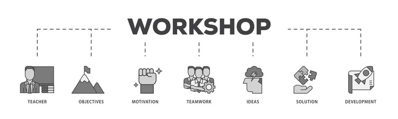 Workshop icon infographic illustration concept with icon of teacher, objectives, motivation, teamwork, ideas, solution, and development icon png and easy to edit 