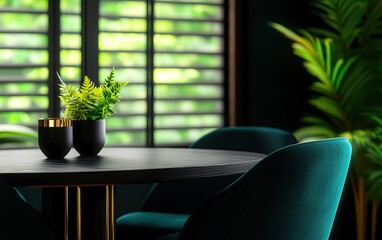A modern interior featuring a stylish table with vibrant green plants, creating a serene and inviting atmosphere.