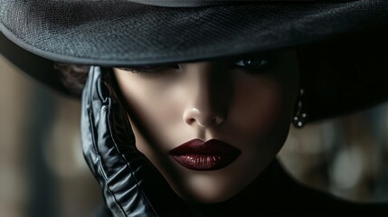 Elegant woman in a dramatic pose wearing a dark hat and gloves, with bold makeup, conveying a sense of mystery and sophistication.