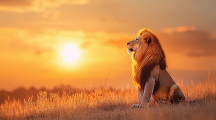 Majestic lion in the savannah at sunset, golden hour lighting, intense gaze, detailed fur, soft focus background