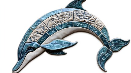 3. **A 3D render of a ceramic tile art showcasing a graceful dolphin with elegant tilework and textures, isolated on a white background