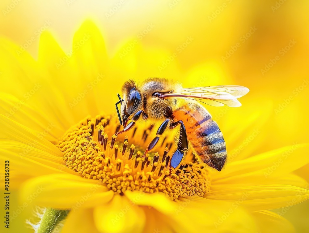 Wall mural macro photography captures a honeybee collecting pollen from a yellow flower in a vibrant spring gar