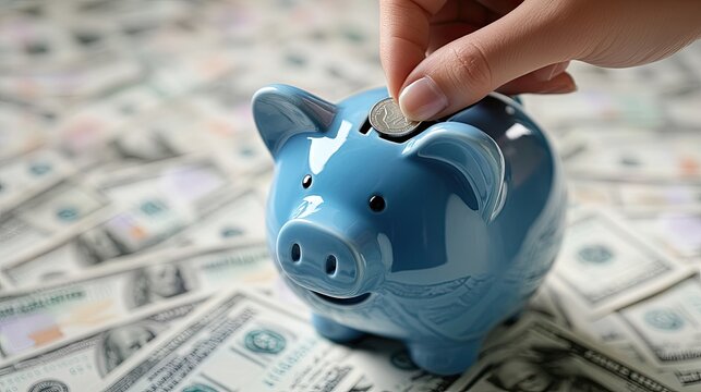 A close-up of a hand inserting a coin into a blue piggy bank, with a background of scattered dollar bills and a bright, well-lit room.