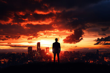 Fototapeta premium A lone figure stands against a breathtaking sunset, overlooking a vibrant cityscape. This powerful imagery captures the essence of aspiration and potential amidst a stunning backdrop.