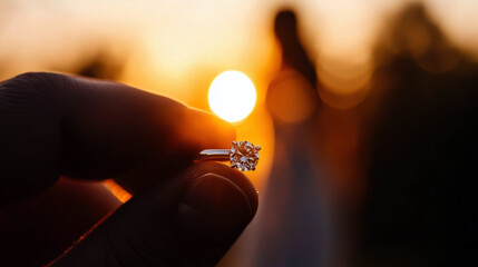 A stunning diamond ring captured against a breathtaking sunset, symbolizing love and commitment. The warm glow enhances the beauty of this romantic moment.