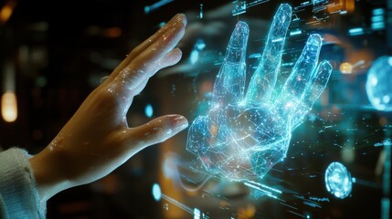 A person interacts with AI-generated holographic characters using a high-tech entertainment system in a virtual reality environment, where real and digital worlds blend seamlessly.


