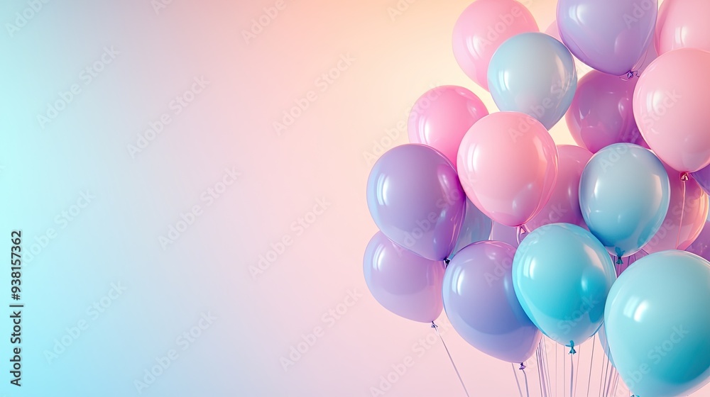 Fototapete a group of pastel balloons rising in the lower half of the frame, with a soft, gradient background a